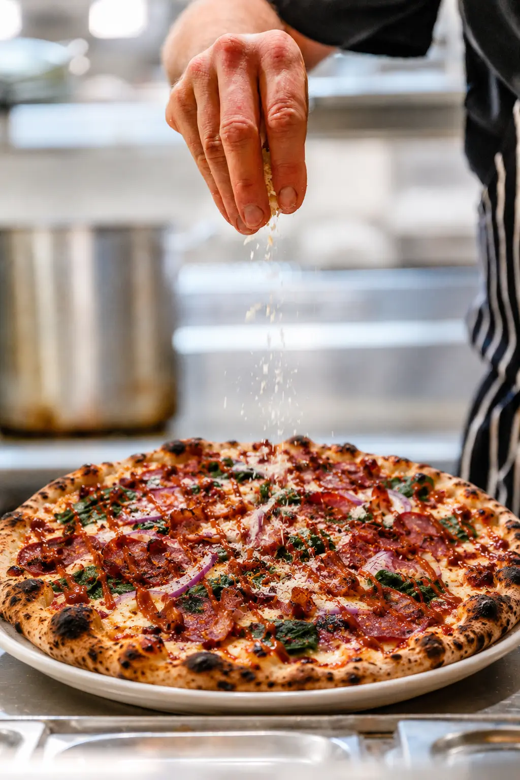 Chef sprinking cheese on pizza